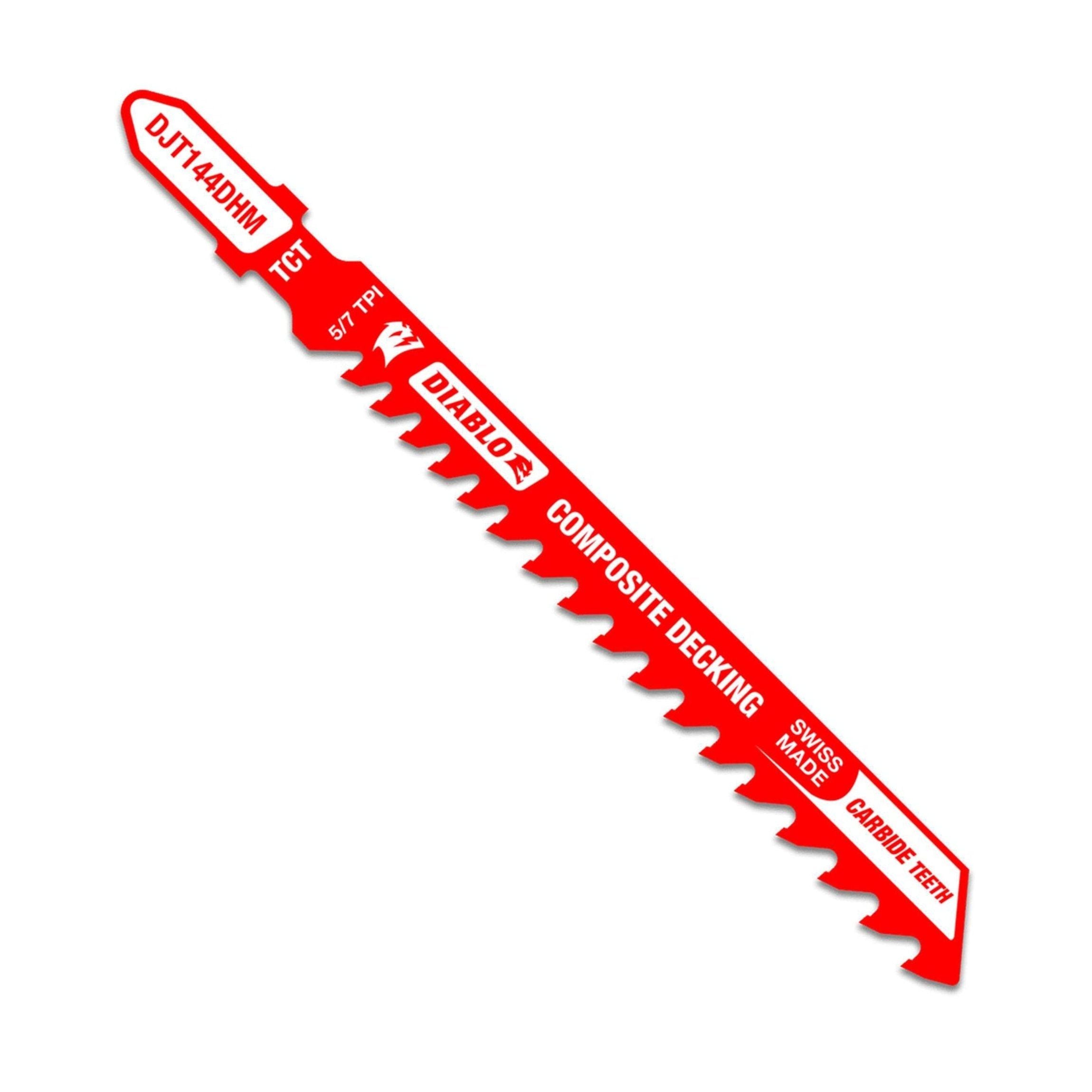 The DIABLO DJT144DHM 4 in. jig saw blade by Diablo is optimized for composite decking, featuring carbide teeth, a jagged edge with 5/7 TPI, Swiss Made craftsmanship, TCT marking, and Perma-SHIELD non-stick coating for superior performance.